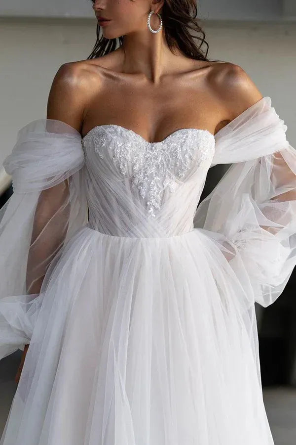 Off‑Shoulder Puff‑Long‑Sleeve Beaded Corset Tulle A‑Line Wedding Dress With High Slit