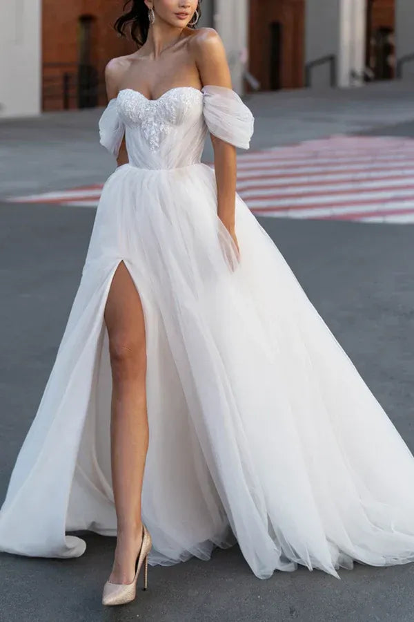 Off Shoulder Puff Long Sleeve Beaded Sweetheart High Slit Airy Tulle A-Line Wedding Dress
