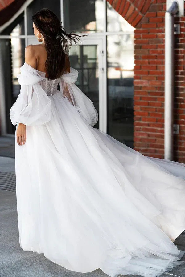 Off Shoulder Puff Long Sleeve Beaded Sweetheart High Slit Airy Tulle A-Line Wedding Dress