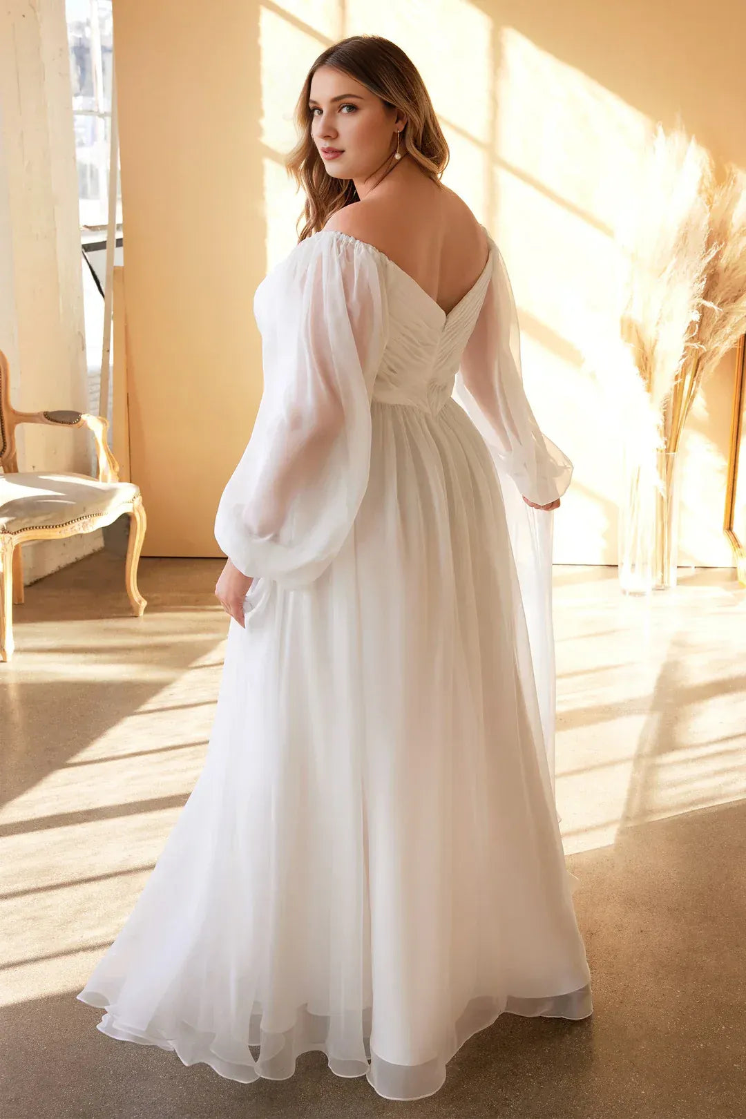 Off‑Shoulder Puff‑Long‑Sleeve Pleated Chiffon Plus‑Size A‑Line Wedding Dress