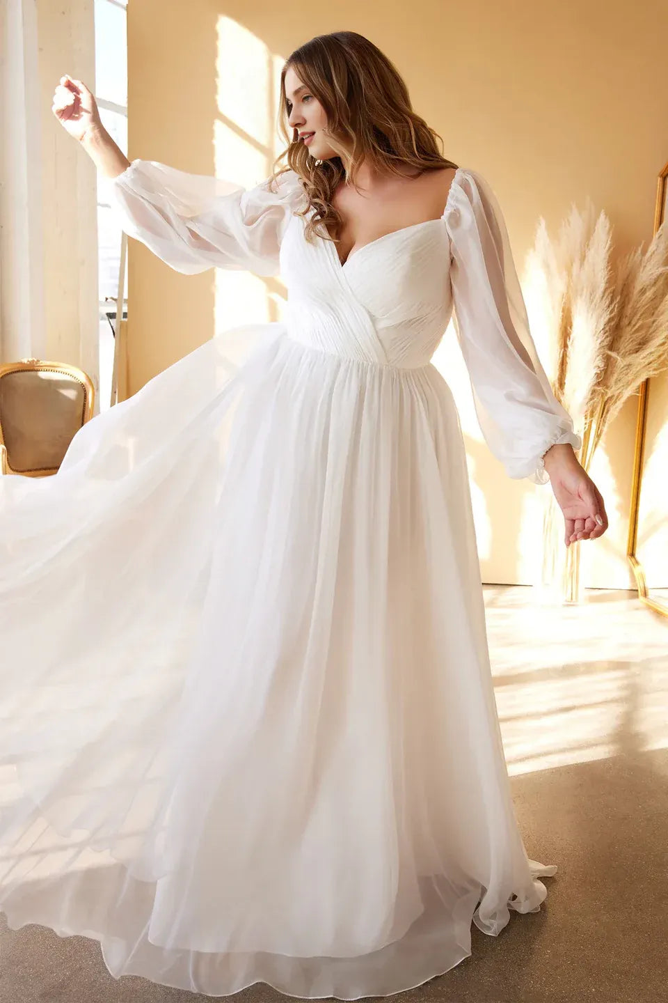 Off‑Shoulder Puff‑Long‑Sleeve Pleated Chiffon Plus‑Size A‑Line Wedding Dress