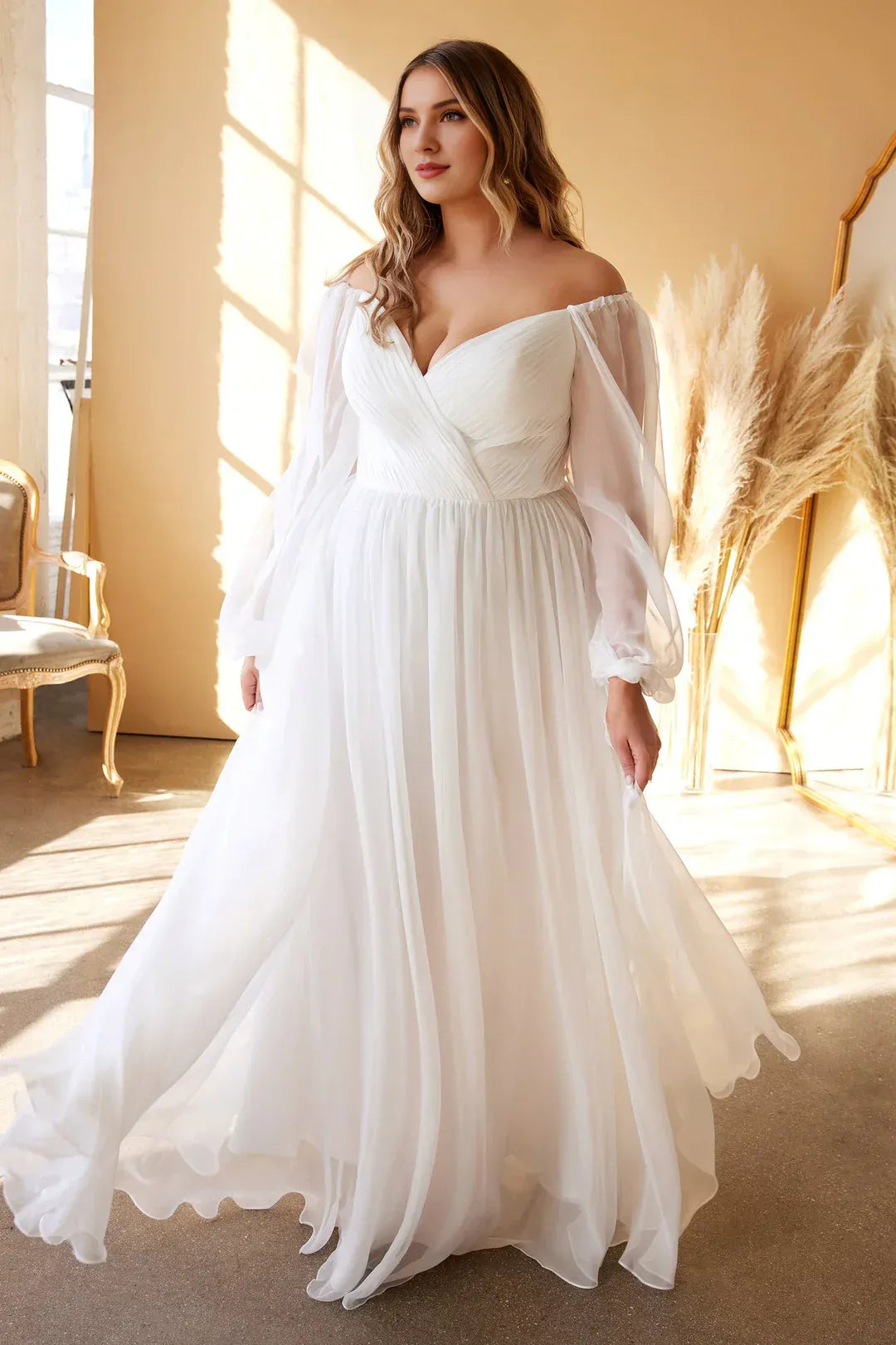 Off‑Shoulder Puff‑Long‑Sleeve Pleated Chiffon Plus‑Size A‑Line Wedding Dress
