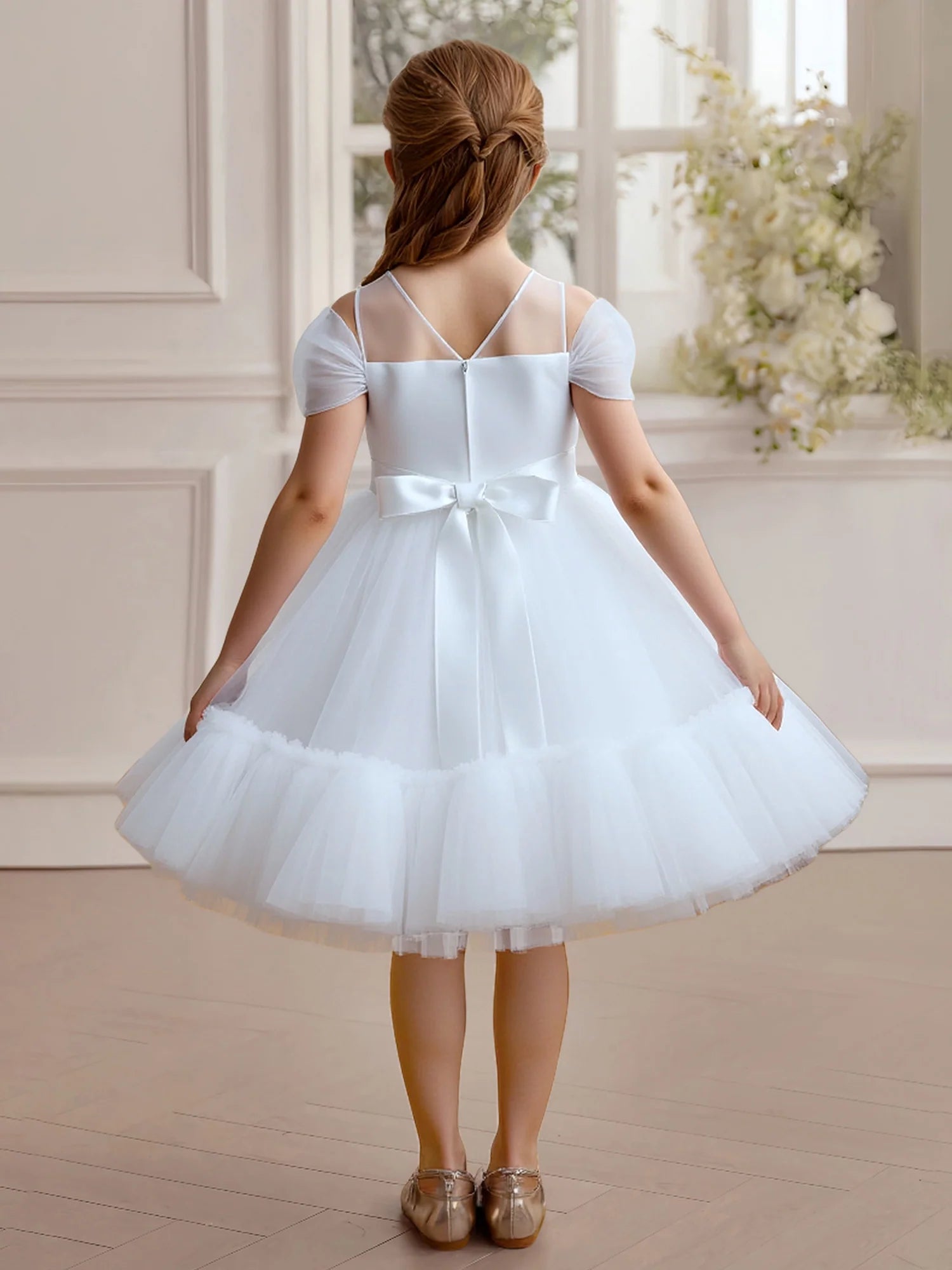 Off Shoulder Puff Mesh Sleeve Round V Back Satin Waist Bow Lace Applique White Ruffle Tulle Short Flower Girl Dresses