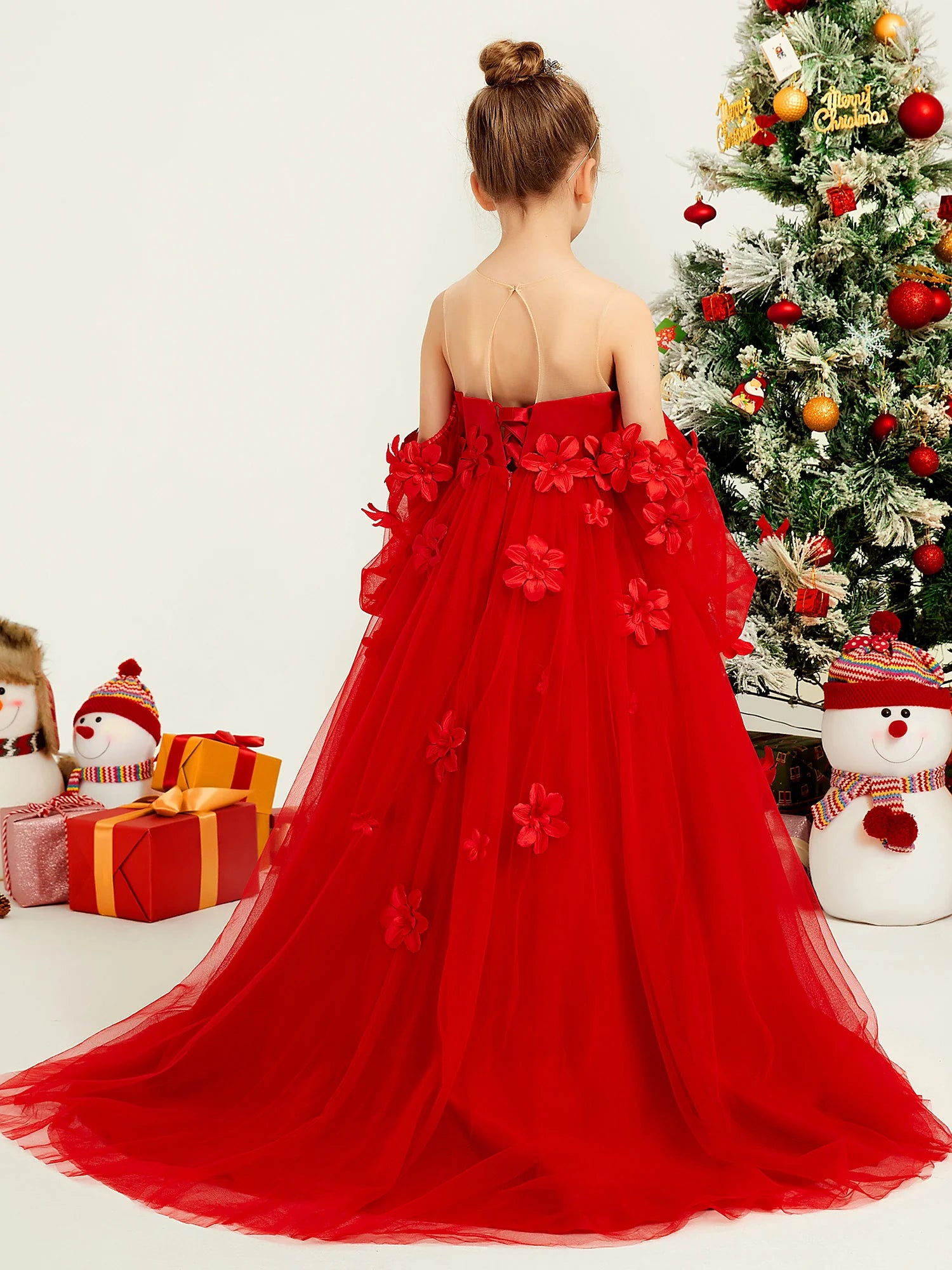 Off Shoulder Puff Sleeve 3D Floral Red Tulle Train Floor Length Flower Girl Dresses