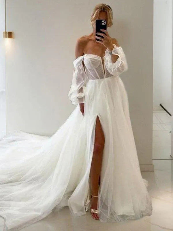 Off Shoulder Puff Sleeve Sheer Corset High Slit Tulle A-Line Wedding Dress