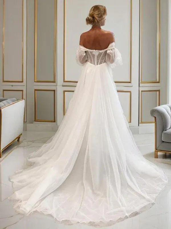 Off Shoulder Puff Sleeve Sheer Corset High Slit Tulle A-Line Wedding Dress