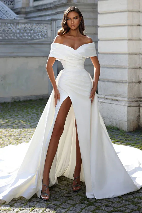 Off‑Shoulder Ruched Crepe Mermaid Wedding Dress With Overskirt & High Slit