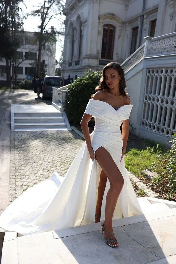 Off‑Shoulder Ruched Crepe Mermaid Wedding Dress With Overskirt & High Slit