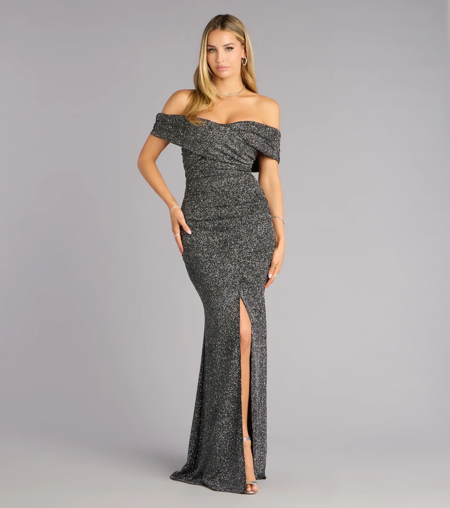 Off Shoulder Ruched V Neck Plain Back High Slit Silver Glitter Mermaid Maxi Wedding Guest Dresses