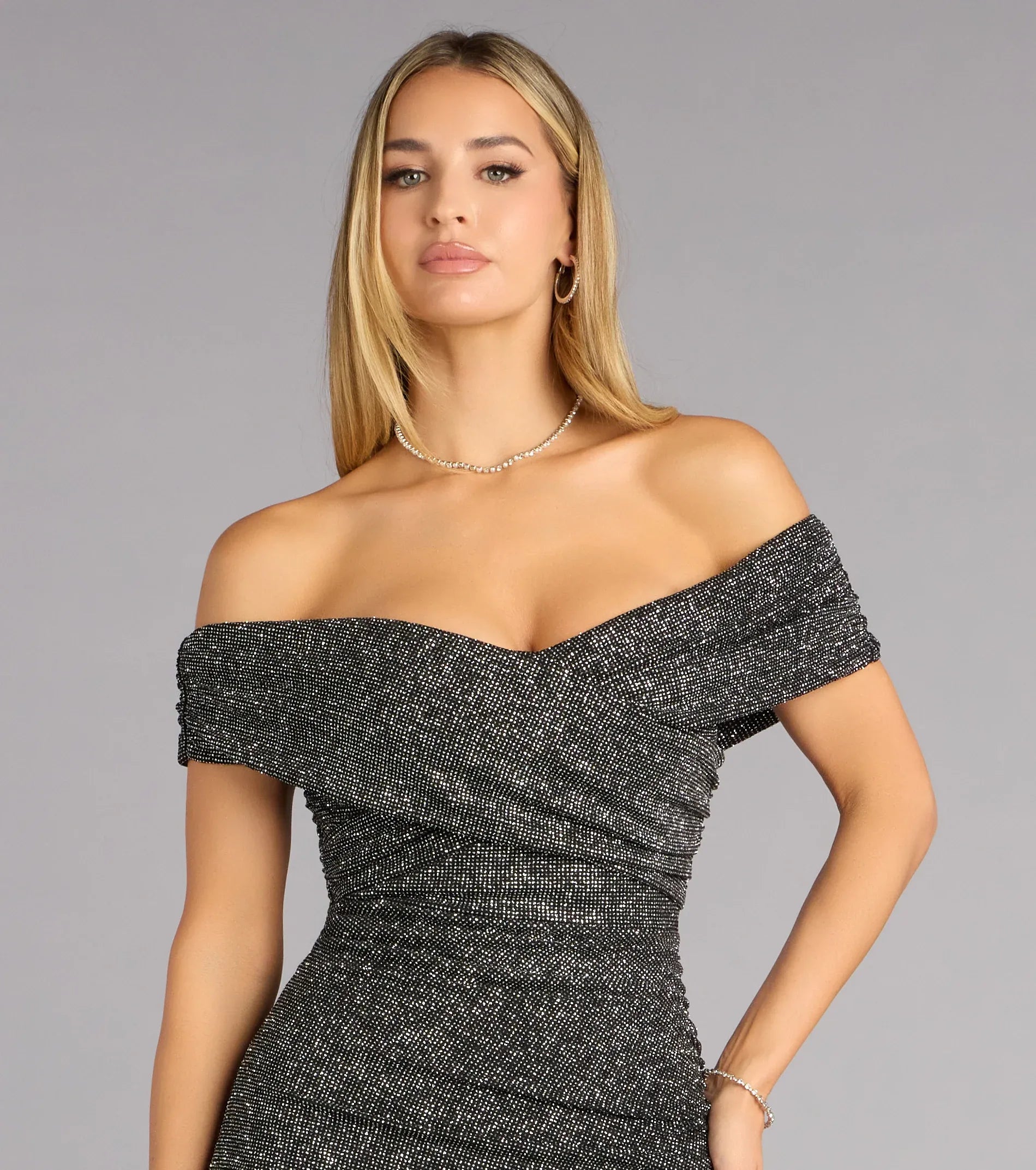 Off Shoulder Ruched V Neck Plain Back High Slit Silver Glitter Mermaid Maxi Wedding Guest Dresses