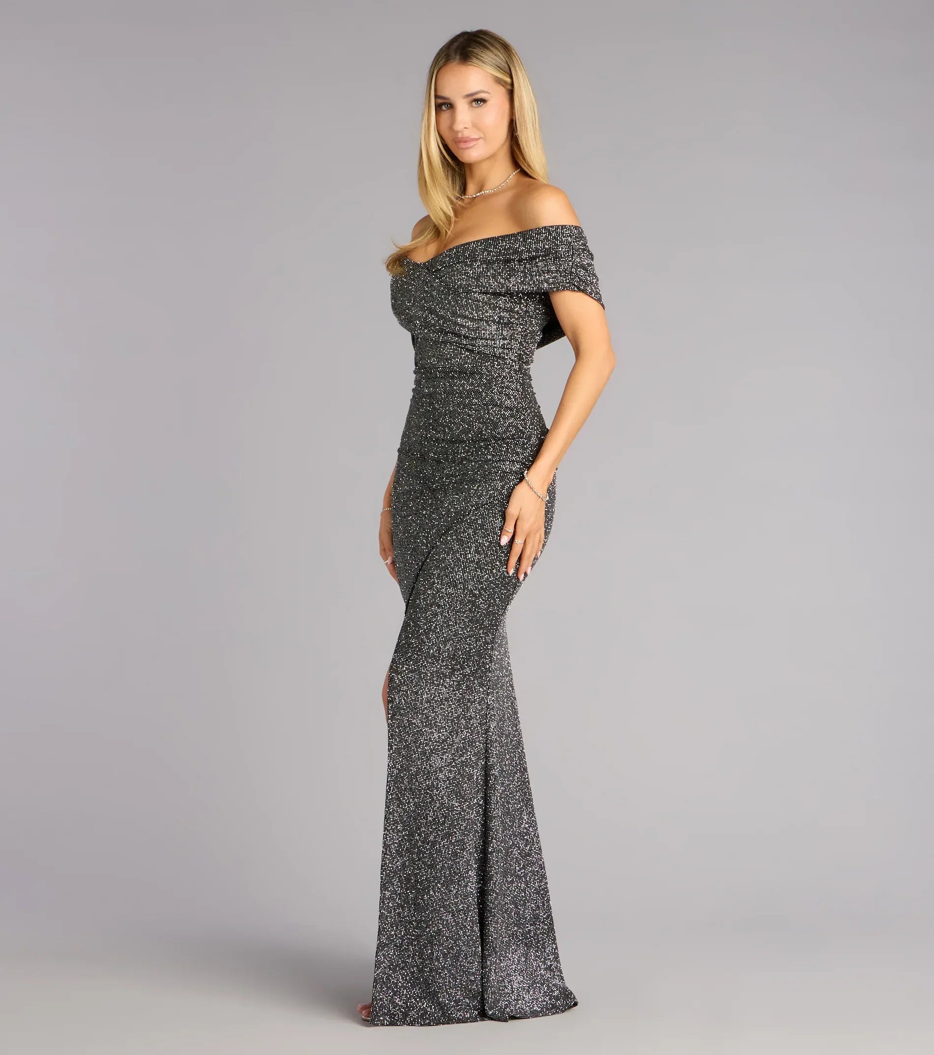Off Shoulder Ruched V Neck Plain Back High Slit Silver Glitter Mermaid Maxi Wedding Guest Dresses