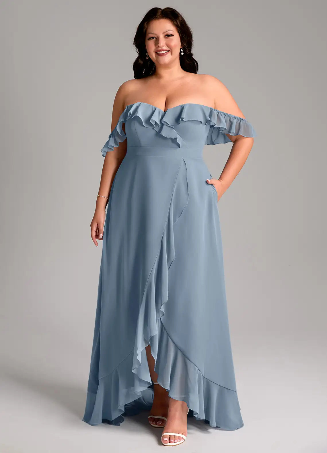 Off-Shoulder Ruffle Asymmetric Hem Floor-Length Plus Size Bridesmaid Dress