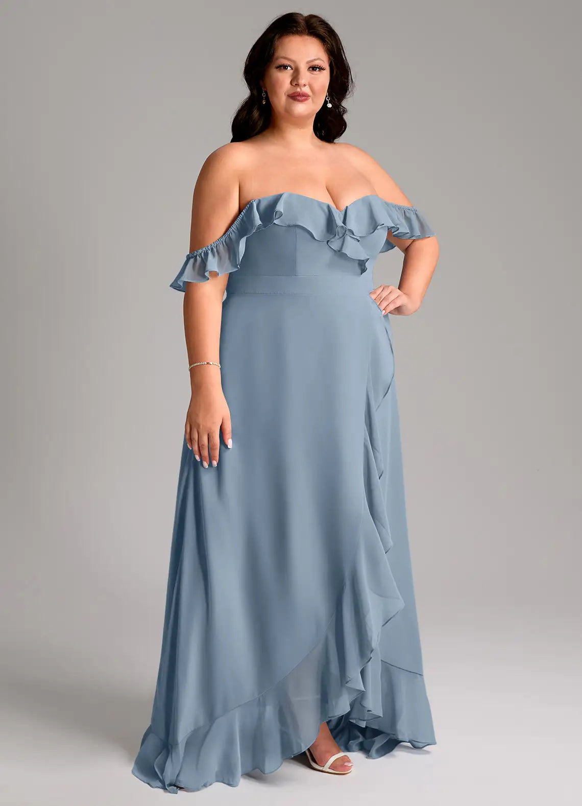 Off-Shoulder Ruffle Asymmetric Hem Floor-Length Plus Size Bridesmaid Dress
