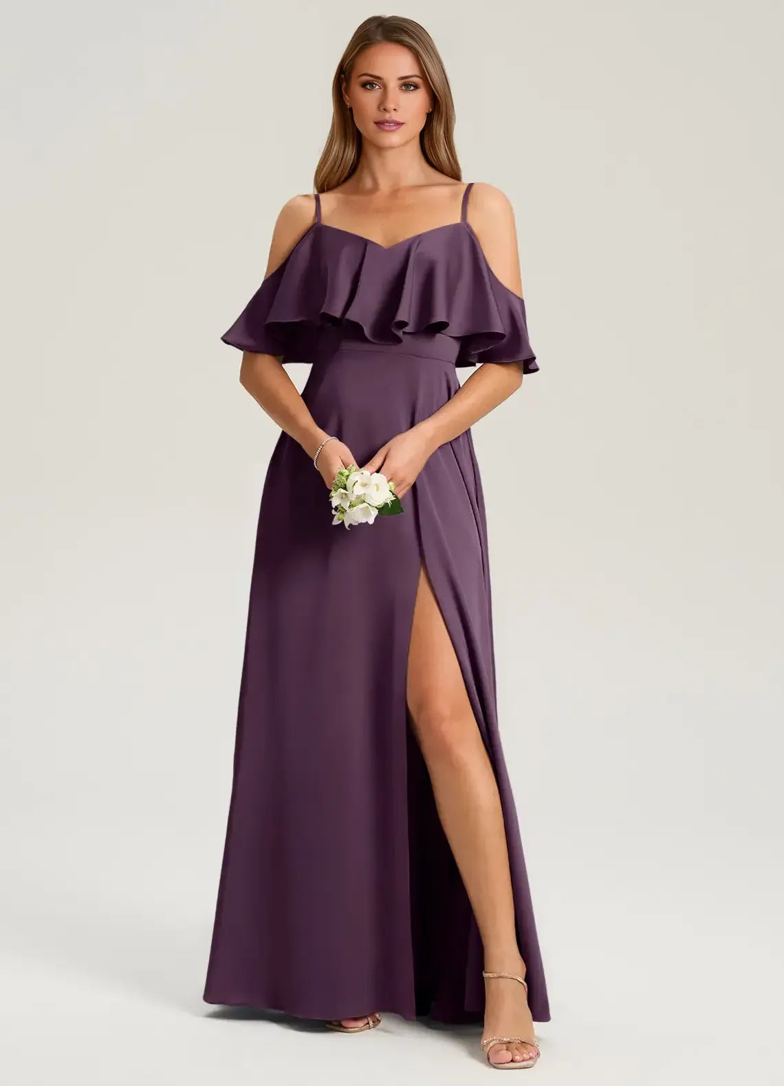 Off Shoulder Ruffle High Slit A Line Satin Long Bridesmaid Dress