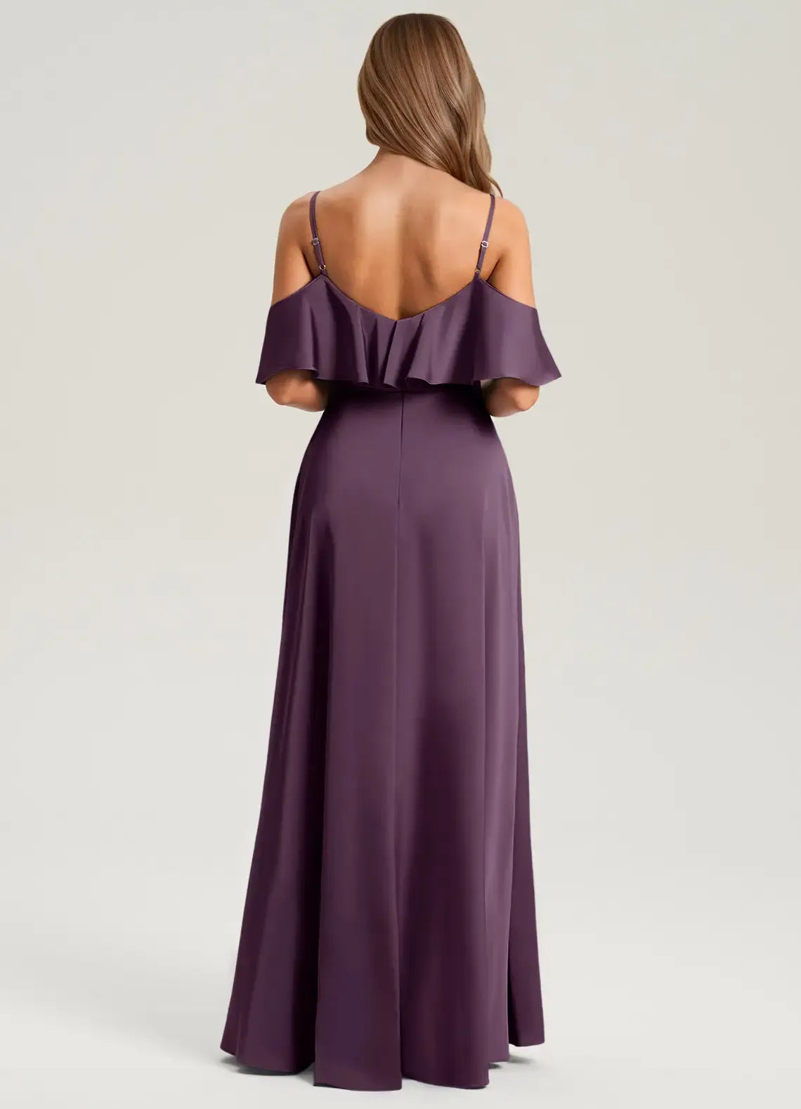 Off Shoulder Ruffle High Slit A Line Satin Long Bridesmaid Dress