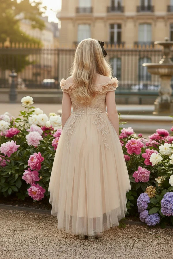 Off Shoulder Ruffle Lace Champagne Tulle Hi-Low Girls Party Dresses