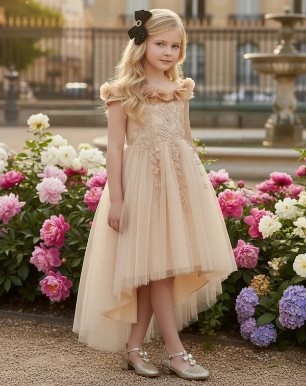 Off Shoulder Ruffle Lace Champagne Tulle Hi-Low Girls Party Dresses