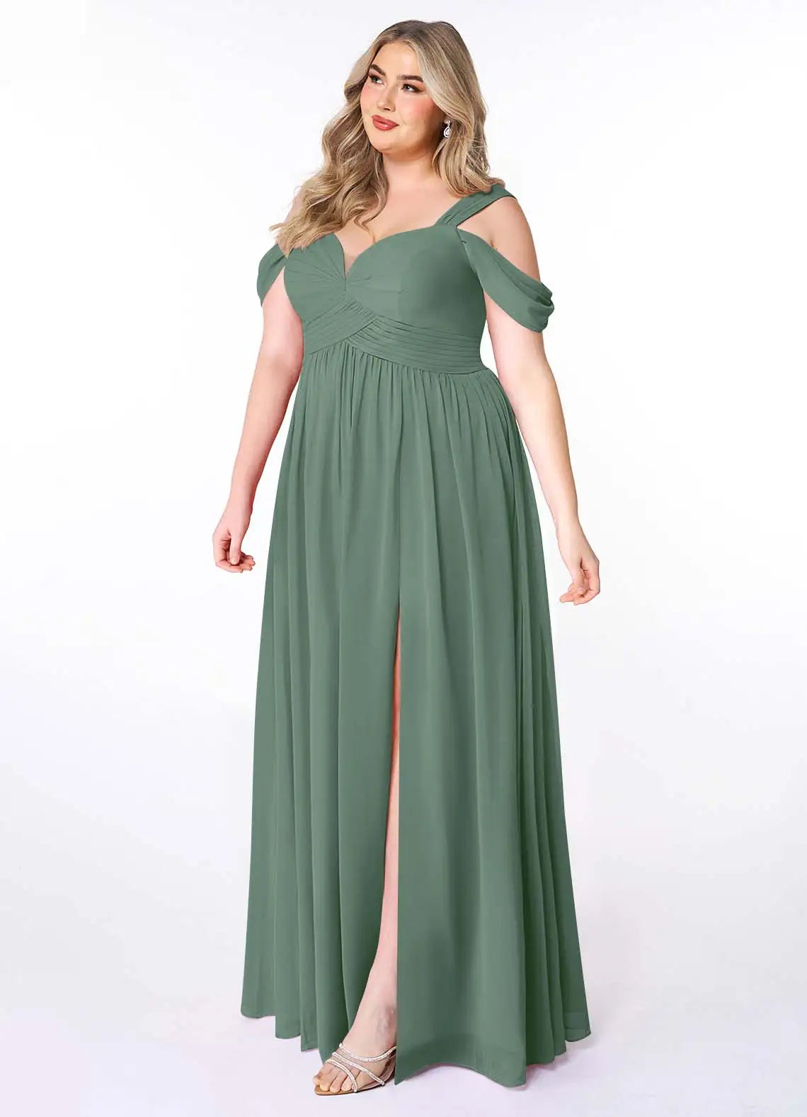 Off-Shoulder Ruffle Sleeve Floor-Length Chiffon Bridesmaid Dress