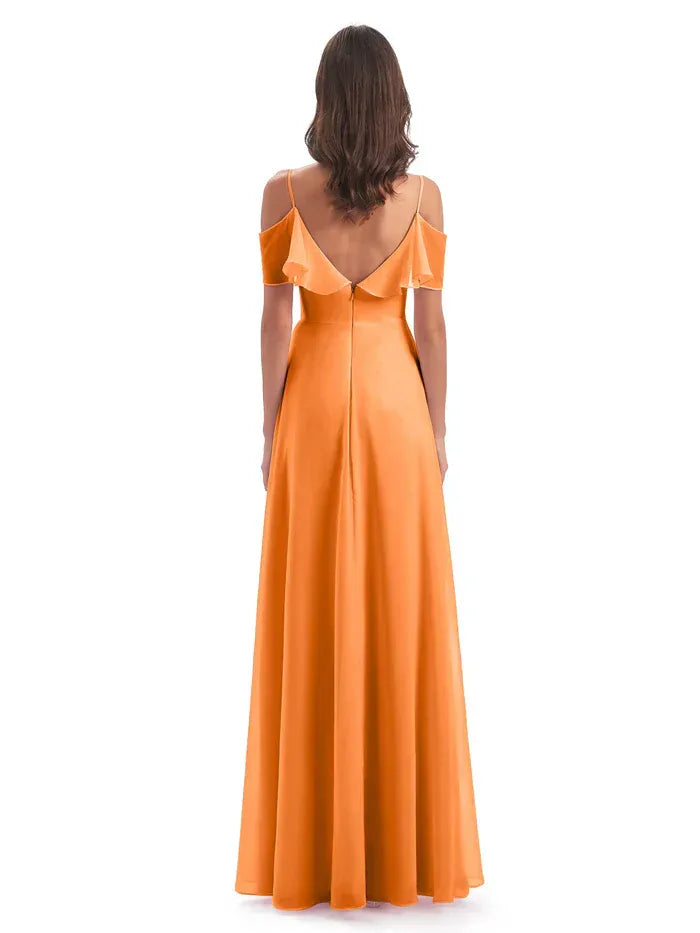 Off Shoulder Ruffle Spaghetti Strap A Line Chiffon Long Bridesmaid Dress