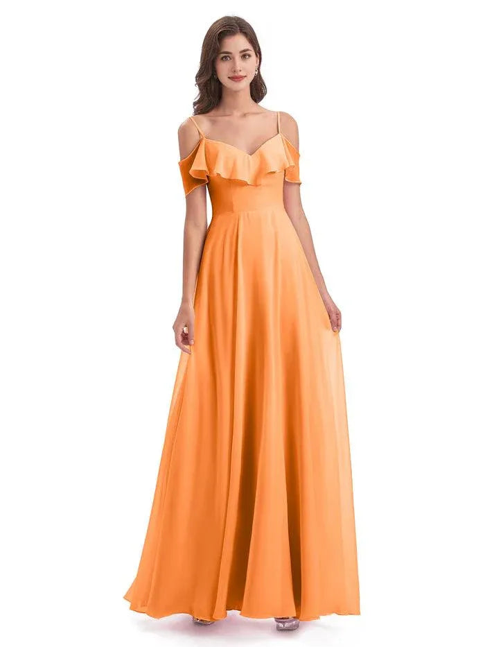 Off Shoulder Ruffle Spaghetti Strap A Line Chiffon Long Bridesmaid Dress