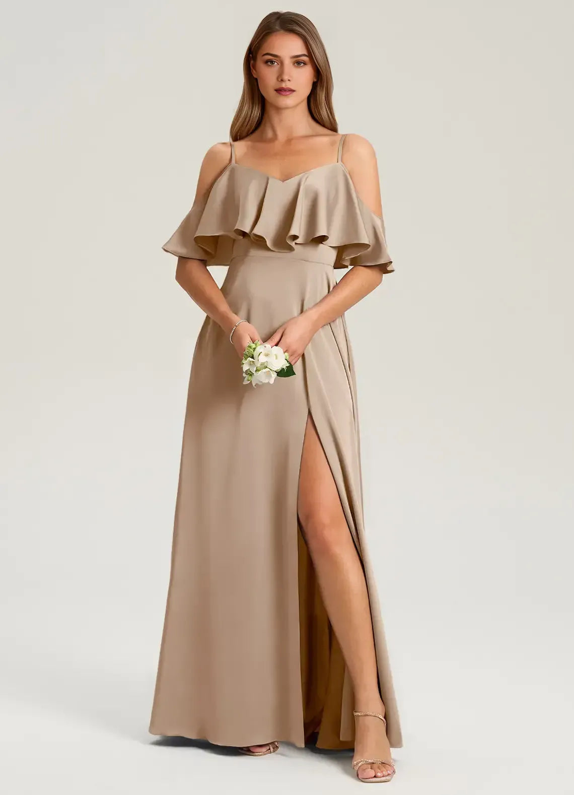 Off Shoulder Ruffle Spaghetti Strap High Slit A Line Satin Long Bridesmaid Dress