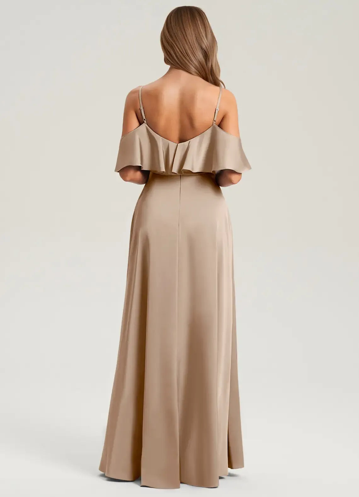 Off Shoulder Ruffle Spaghetti Strap High Slit A Line Satin Long Bridesmaid Dress