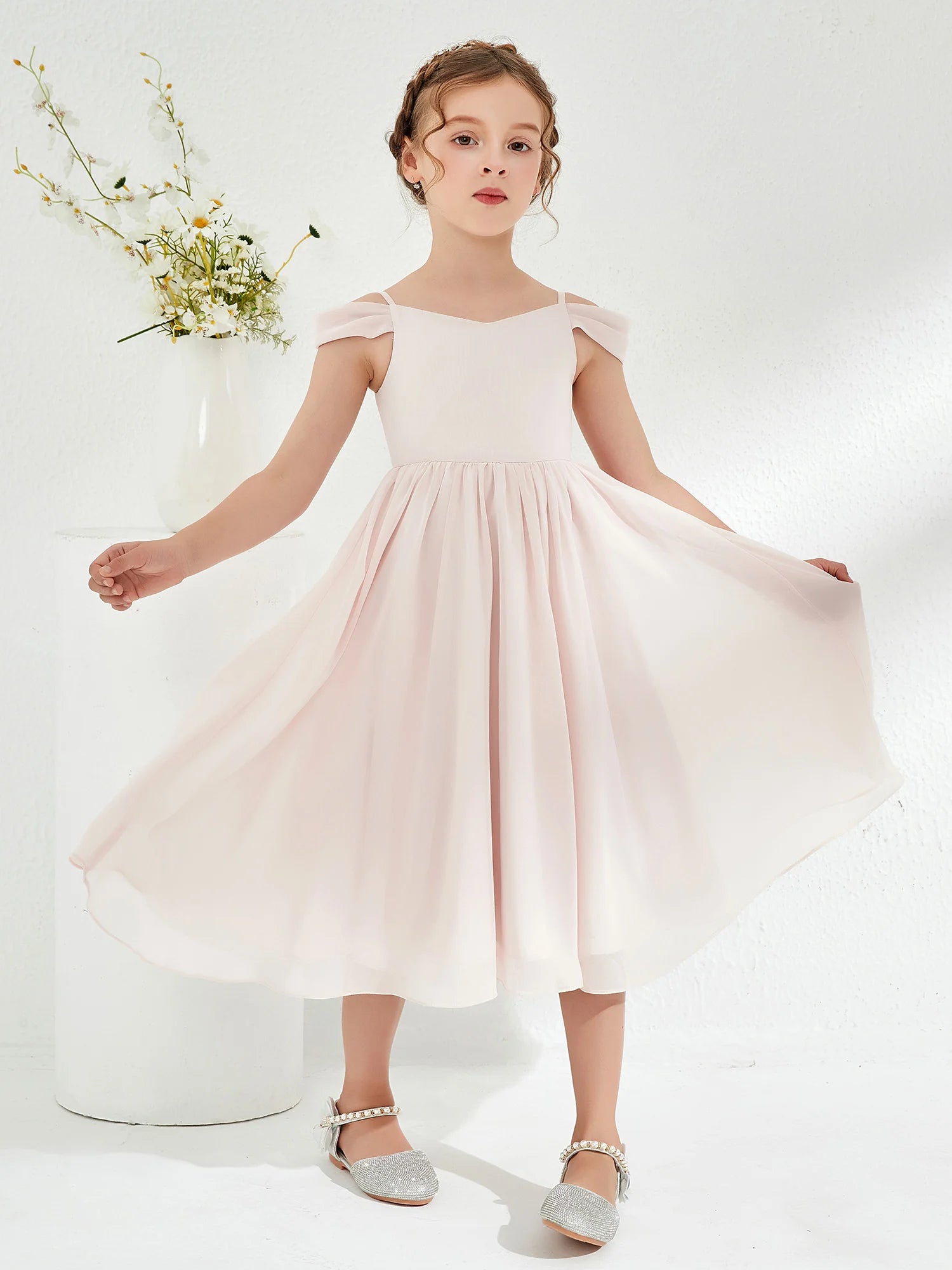 Off Shoulder Ruffle Strap Midi Chiffon Blush Pink Flower Girl Dresses