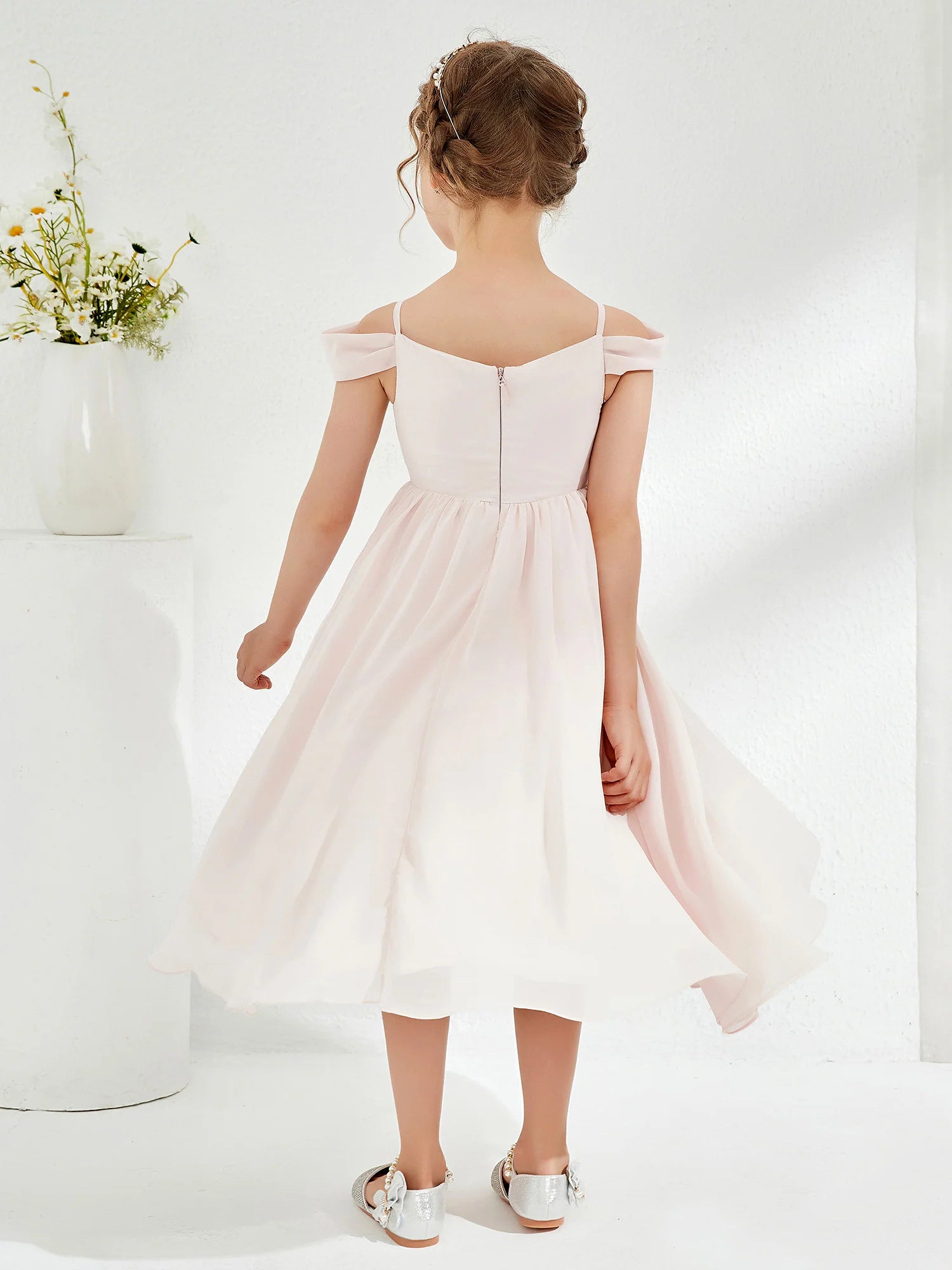 Off Shoulder Ruffle Strap Midi Chiffon Blush Pink Flower Girl Dresses