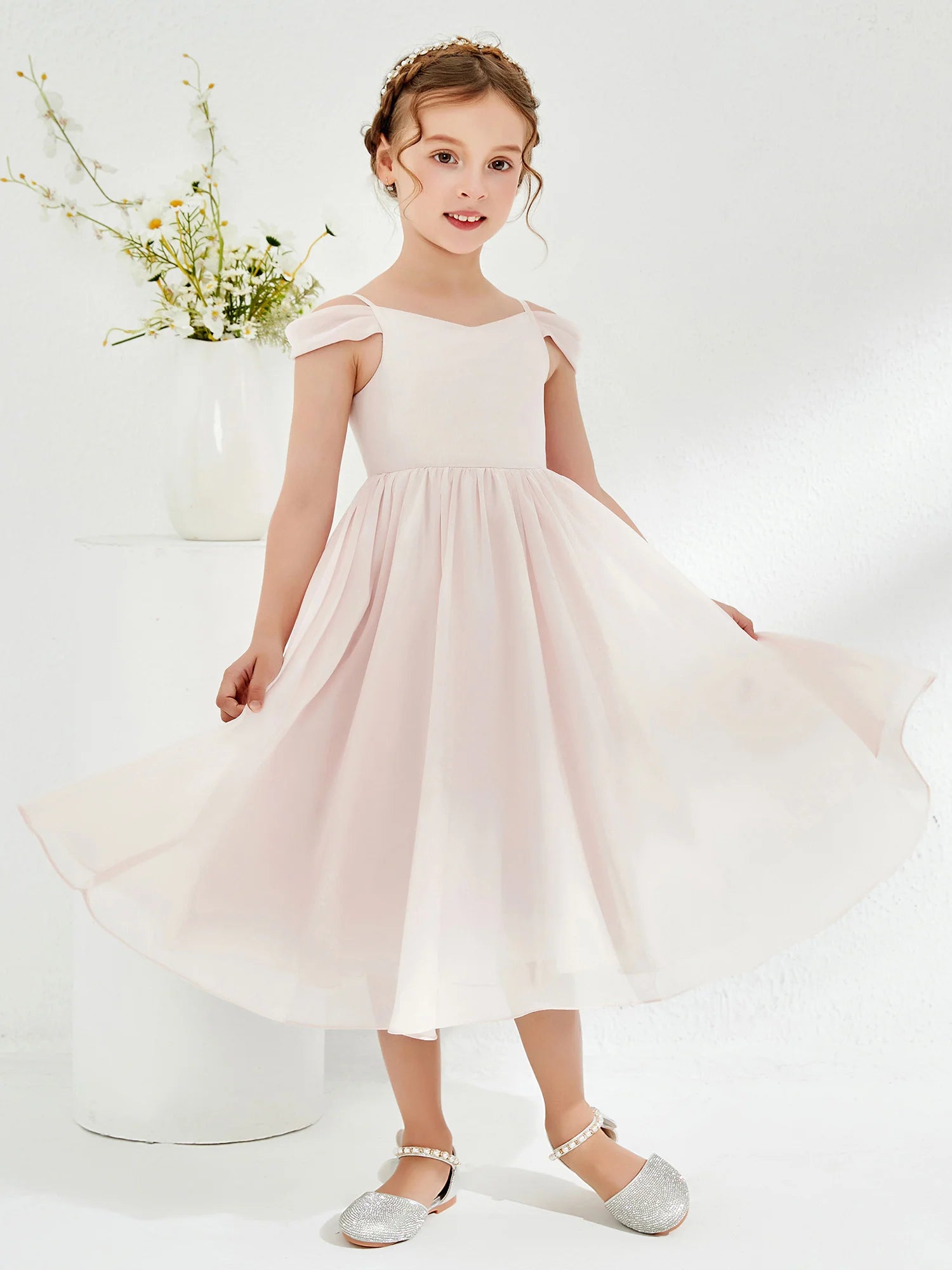 Off Shoulder Ruffle Strap Midi Chiffon Blush Pink Flower Girl Dresses