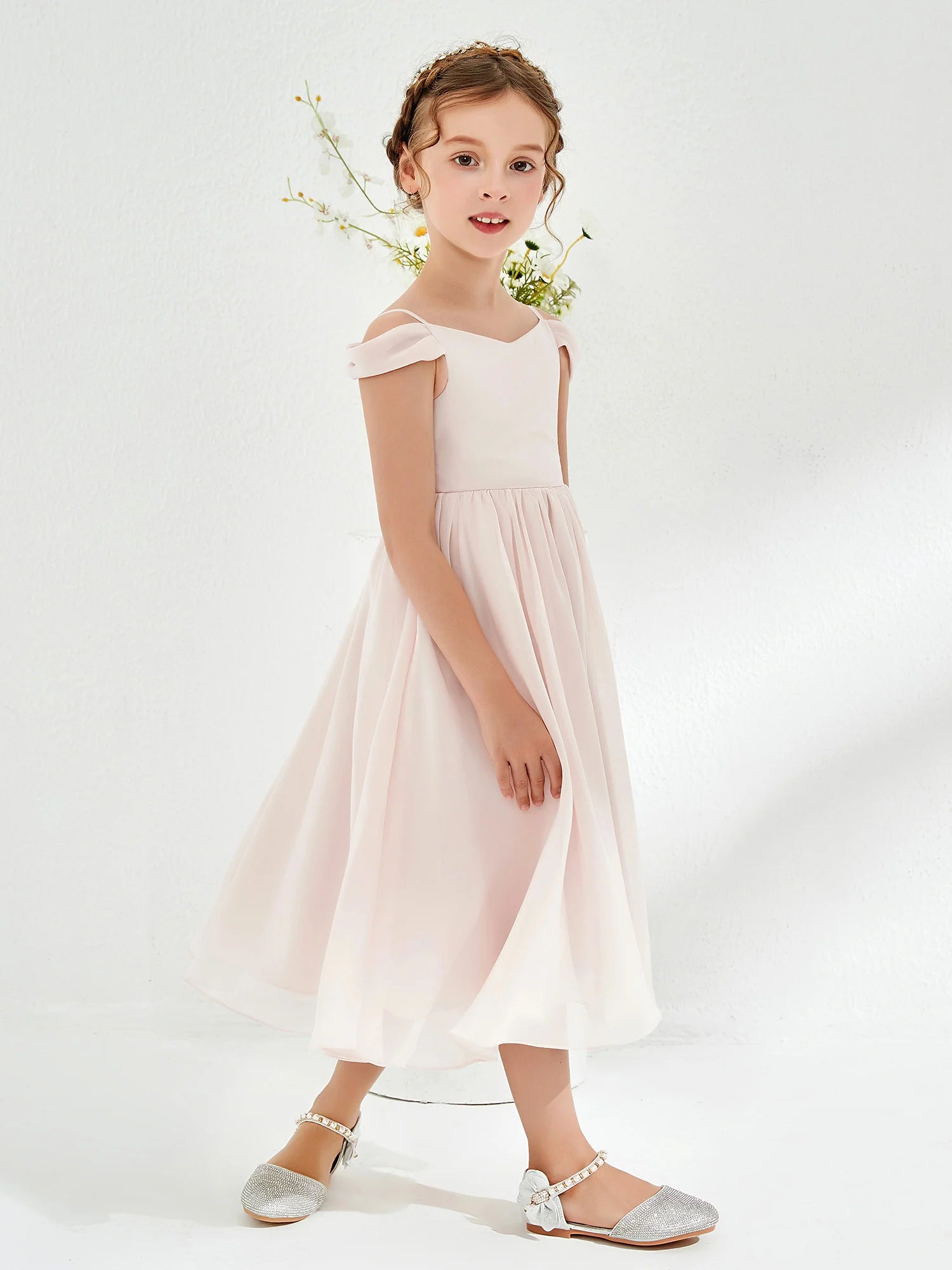 Off Shoulder Ruffle Strap Midi Chiffon Blush Pink Flower Girl Dresses