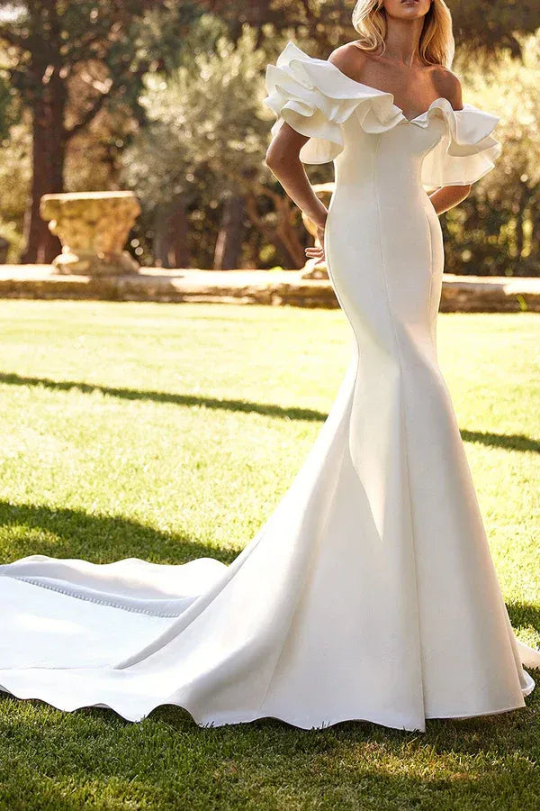 Off‑Shoulder Ruffled Crepe Mermaid Wedding Dress With Pearl‑Button Back