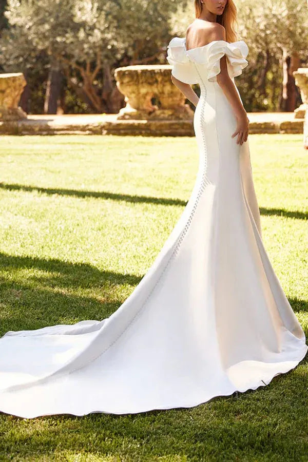 Off‑Shoulder Ruffled Crepe Mermaid Wedding Dress With Pearl‑Button Back