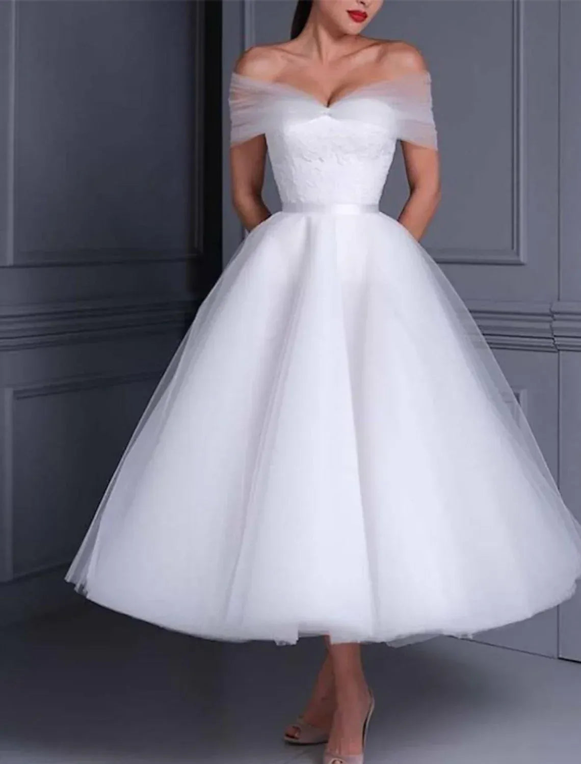 Off Shoulder Sheer Tulle Sleeve Lace Bodice Hidden Pocket Midi Tulle Wedding Reception Dress