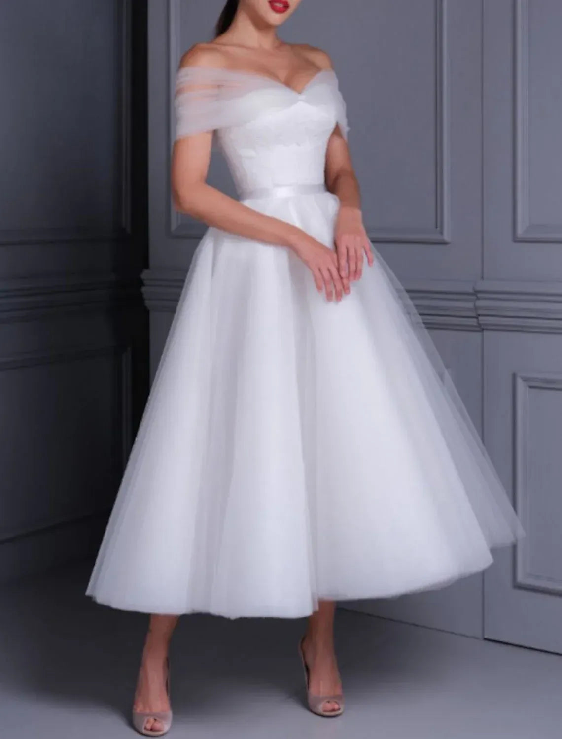 Off Shoulder Sheer Tulle Sleeve Lace Bodice Hidden Pocket Midi Tulle Wedding Reception Dress