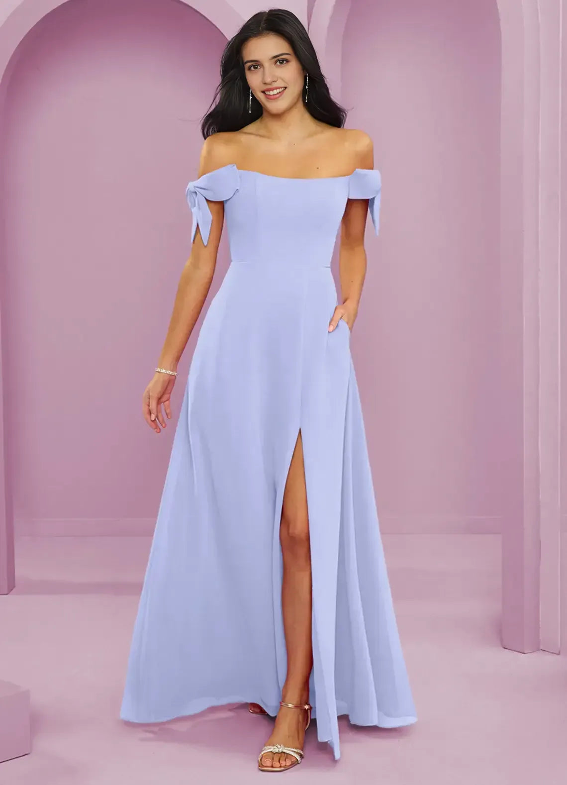 Off Shoulder Side Bow High Slit A Line Chiffon Long Bridesmaid Dress