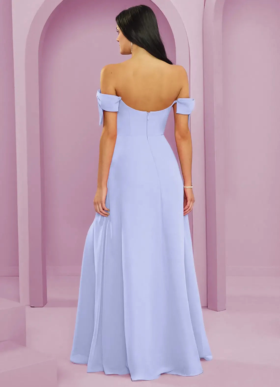 Off Shoulder Side Bow High Slit A Line Chiffon Long Bridesmaid Dress