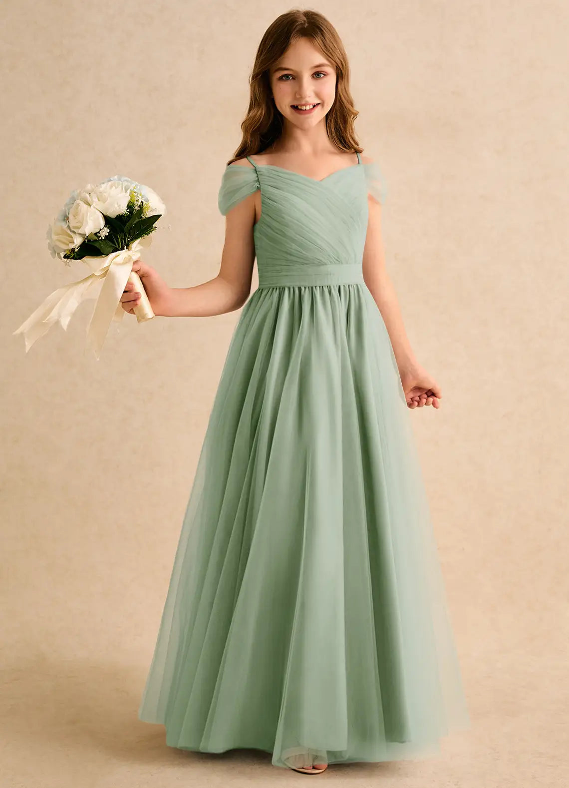 Off Shoulder Spaghetti Strap V-Back Ruched Sage Green Tulle Full Length Junior Bridesmaid Dresses