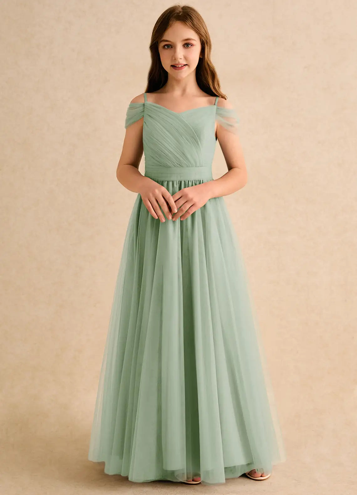 Off Shoulder Spaghetti Strap V-Back Ruched Sage Green Tulle Full Length Junior Bridesmaid Dresses
