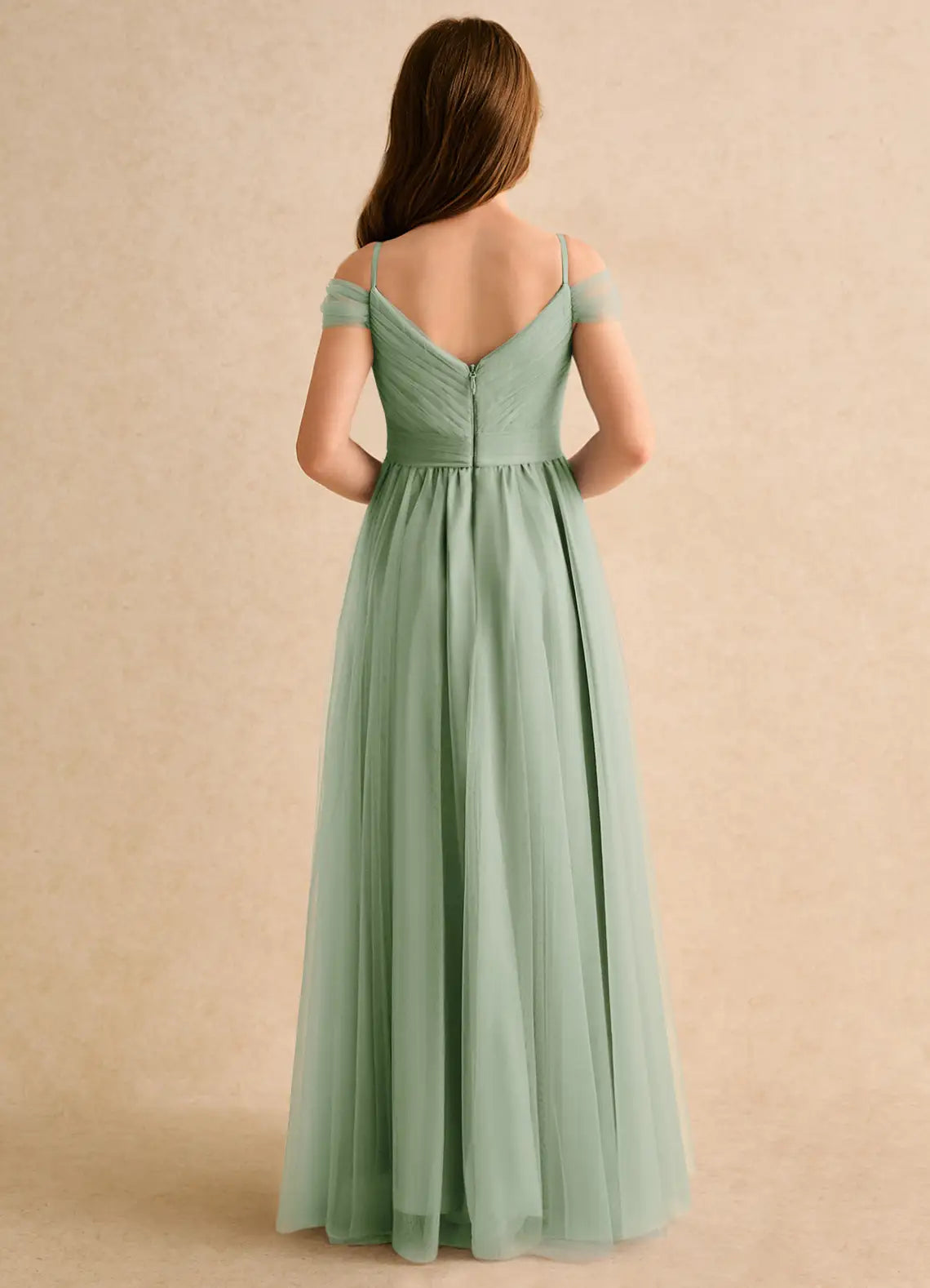 Off Shoulder Spaghetti Strap V-Back Ruched Sage Green Tulle Full Length Junior Bridesmaid Dresses