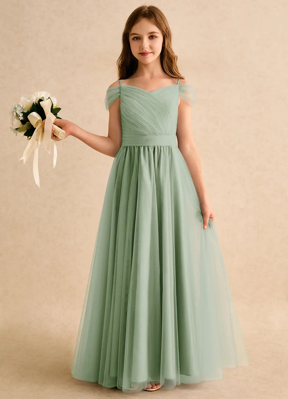 Off Shoulder Spaghetti Strap V-Back Ruched Sage Green Tulle Full Length Junior Bridesmaid Dresses