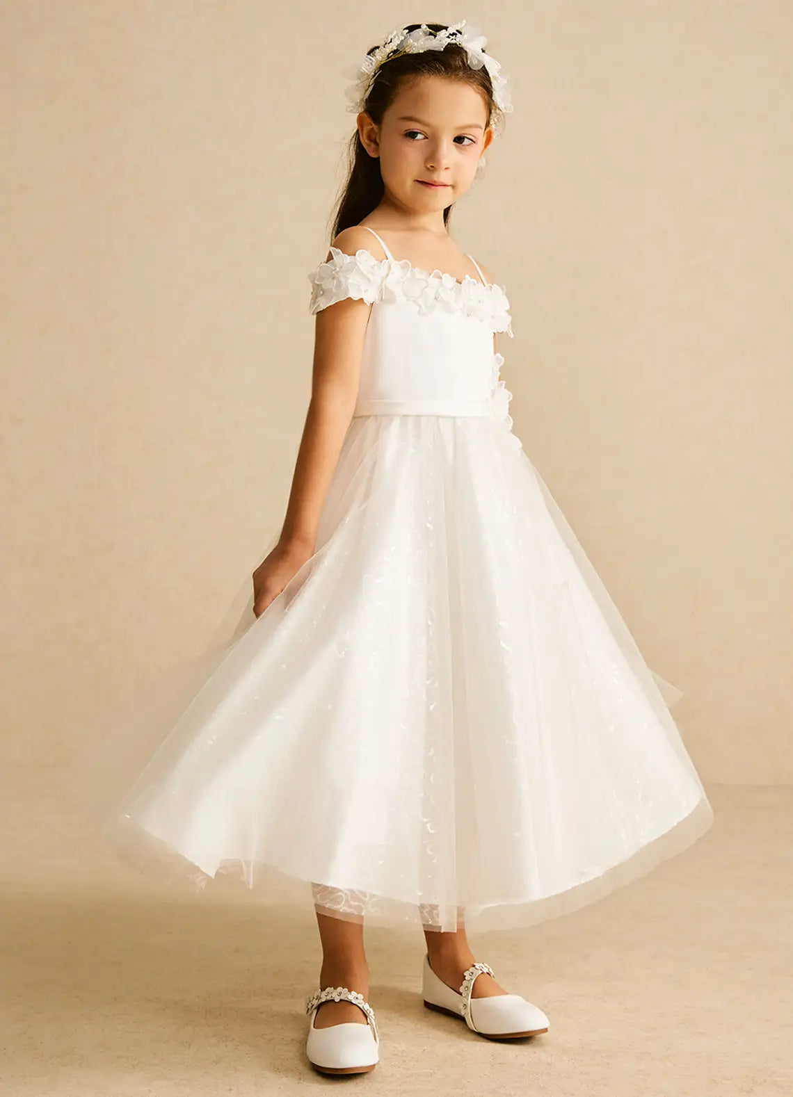 Off Shoulder Spaghetti Strap White Midi-Length Flower Girl Dresses with 3D Floral Trim and Sequin Tulle Skirt