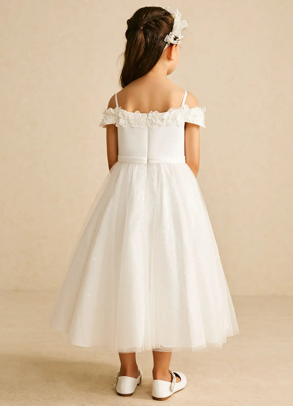 Off Shoulder Spaghetti Strap White Midi-Length Flower Girl Dresses with 3D Floral Trim and Sequin Tulle Skirt