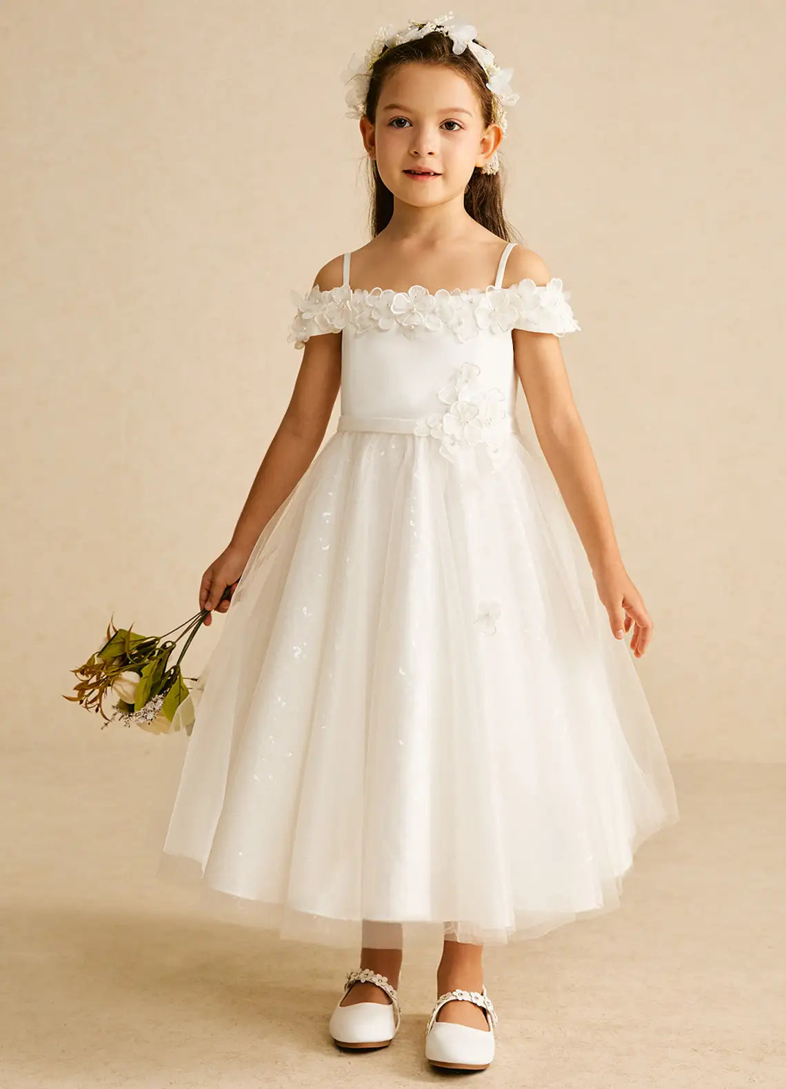Off Shoulder Spaghetti Strap White Midi-Length Flower Girl Dresses with 3D Floral Trim and Sequin Tulle Skirt