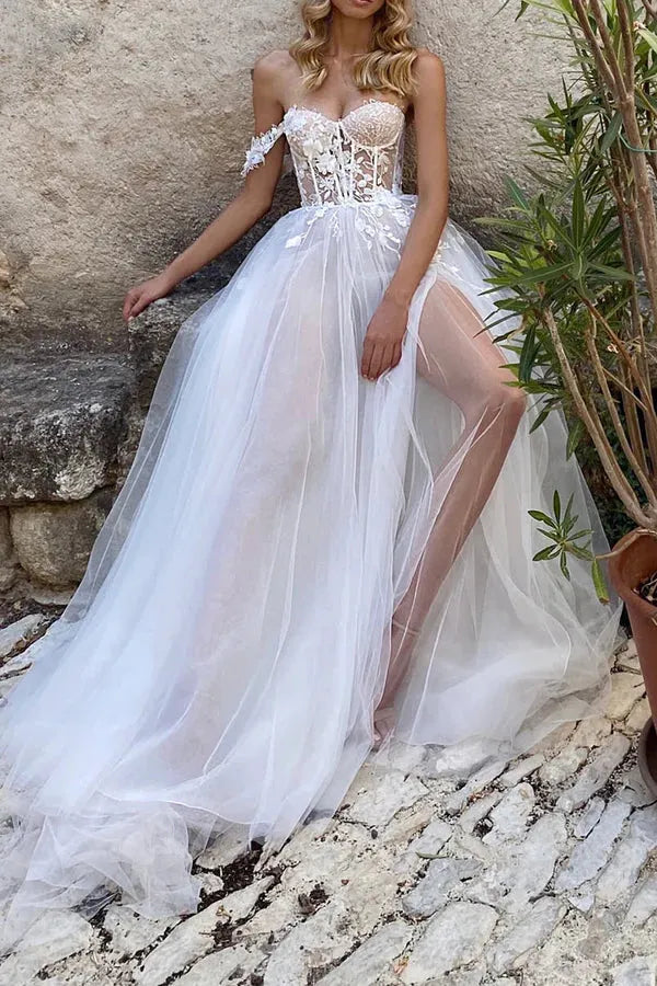 Off Shoulder Strapless Floral Lace Corset High Slit Tulle A-Line Wedding Dress