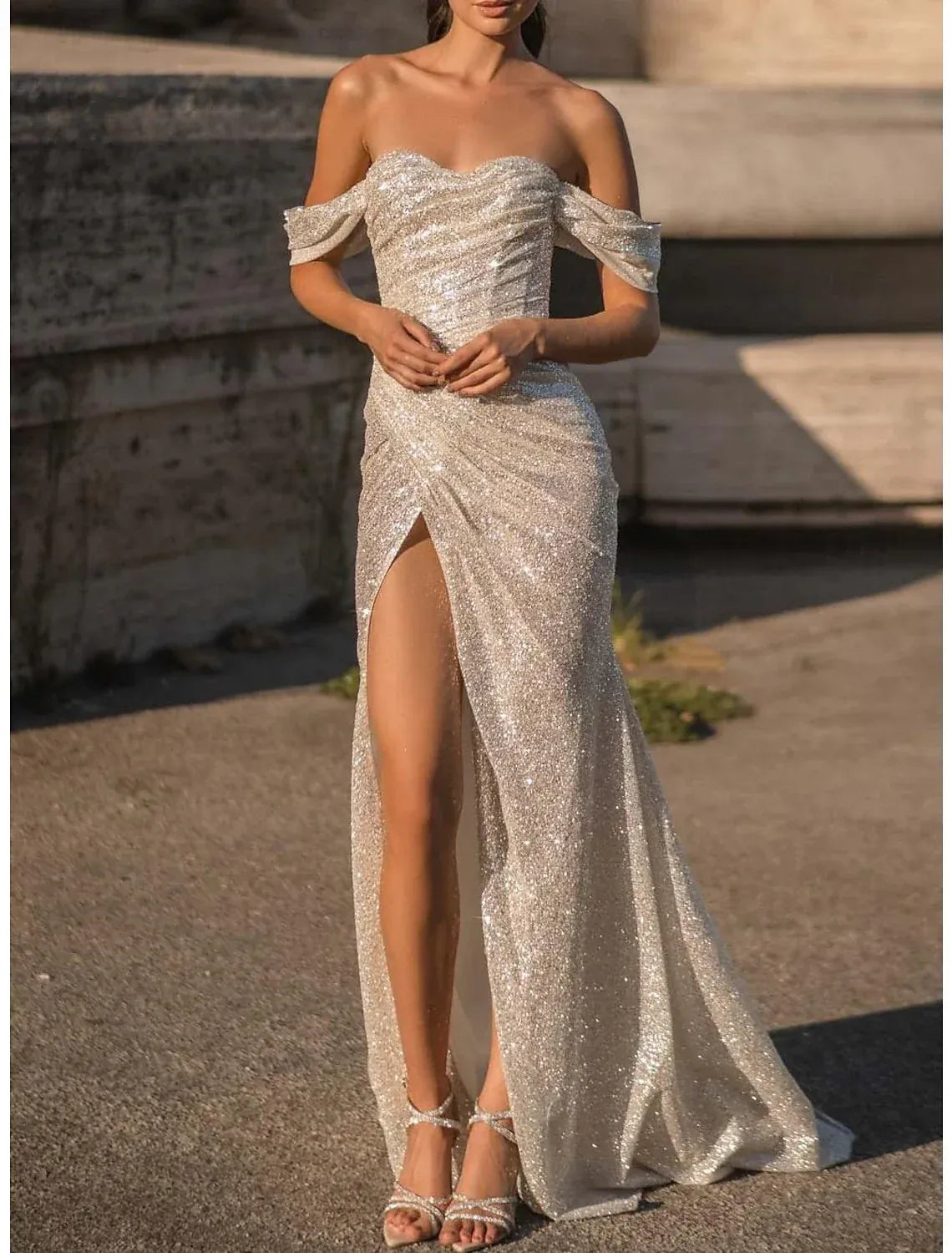 Off Shoulder Sweetheart Glitter Mermaid Wedding Dress Ruched High Slit Low Corset Back