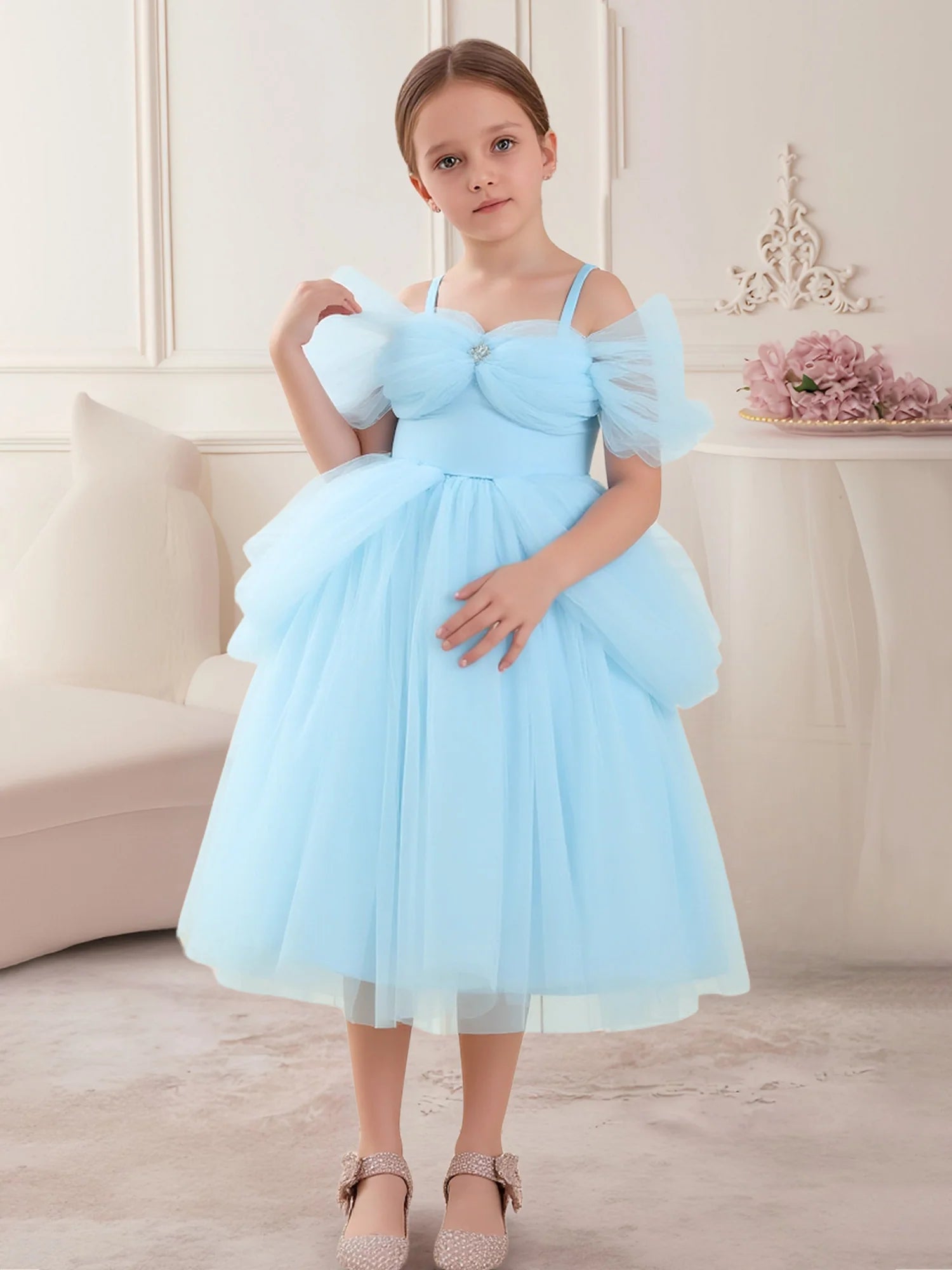 Off Shoulder Tulle Flutter Sleeve Solid Back Giant Tulle Bow Light Blue Tulle Midi Flower Girl Dresses