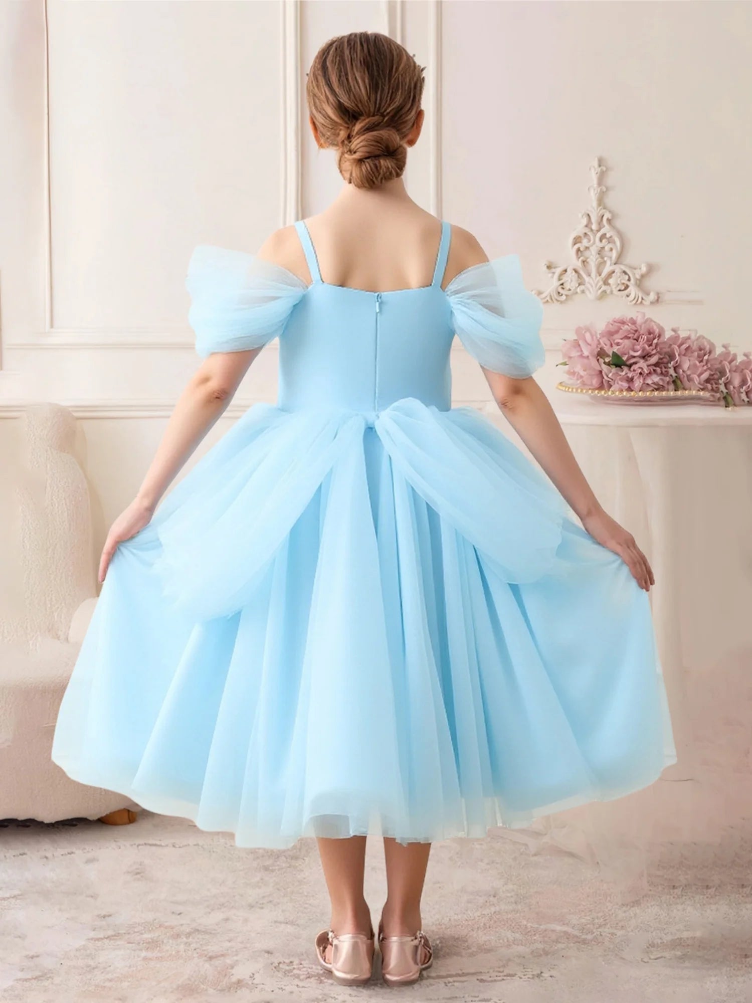 Off Shoulder Tulle Flutter Sleeve Solid Back Giant Tulle Bow Light Blue Tulle Midi Flower Girl Dresses