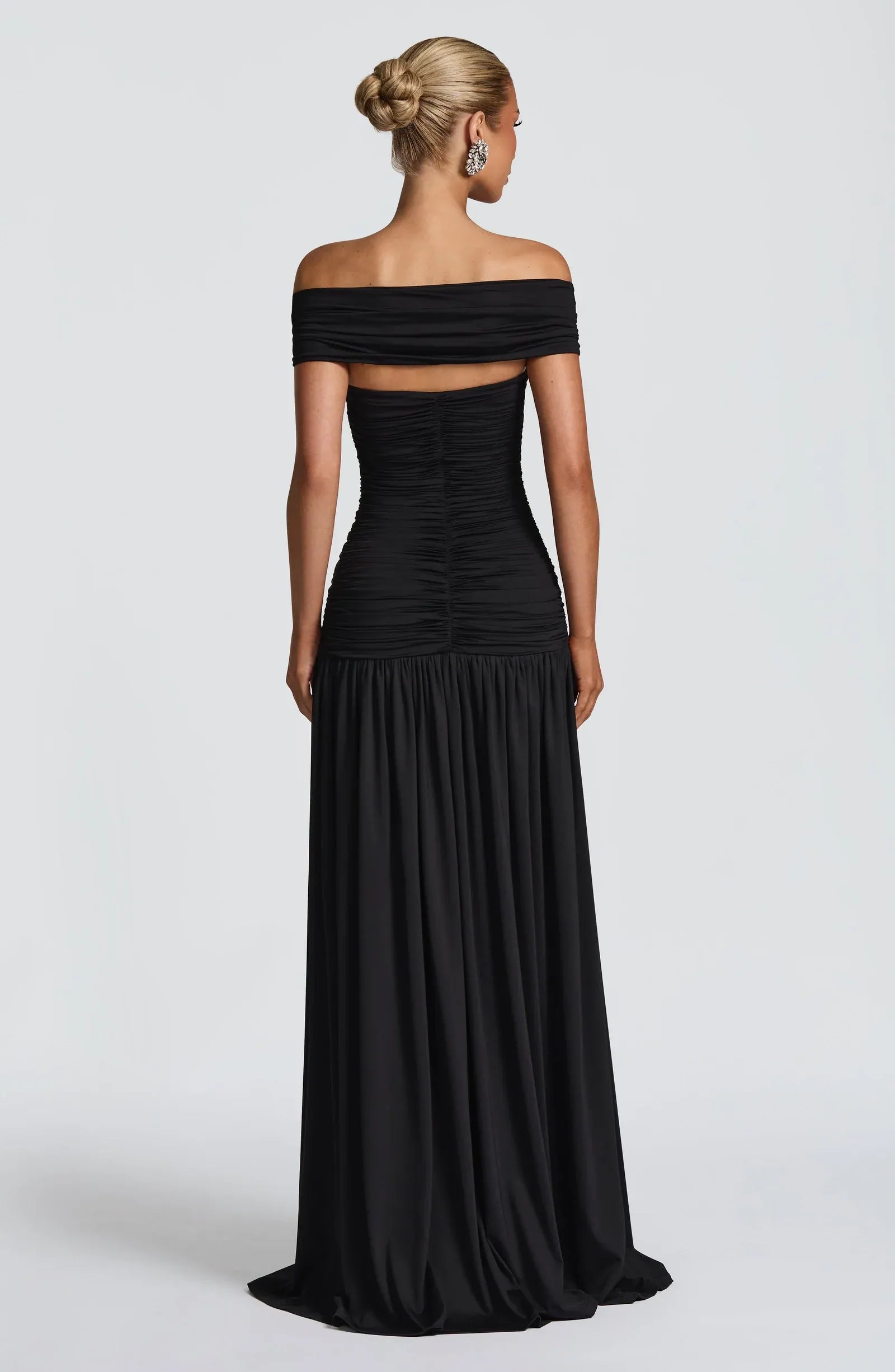 Off Shoulder Twist Cutout Waist Ruched High Slit Black Jersey Mermaid Maxi Wedding Guest Dresses