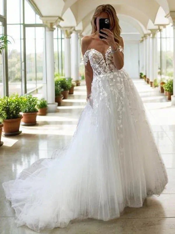 Off Shoulder V-Neck Floral Lace Tulle A-Line Floor-Length Wedding Dress