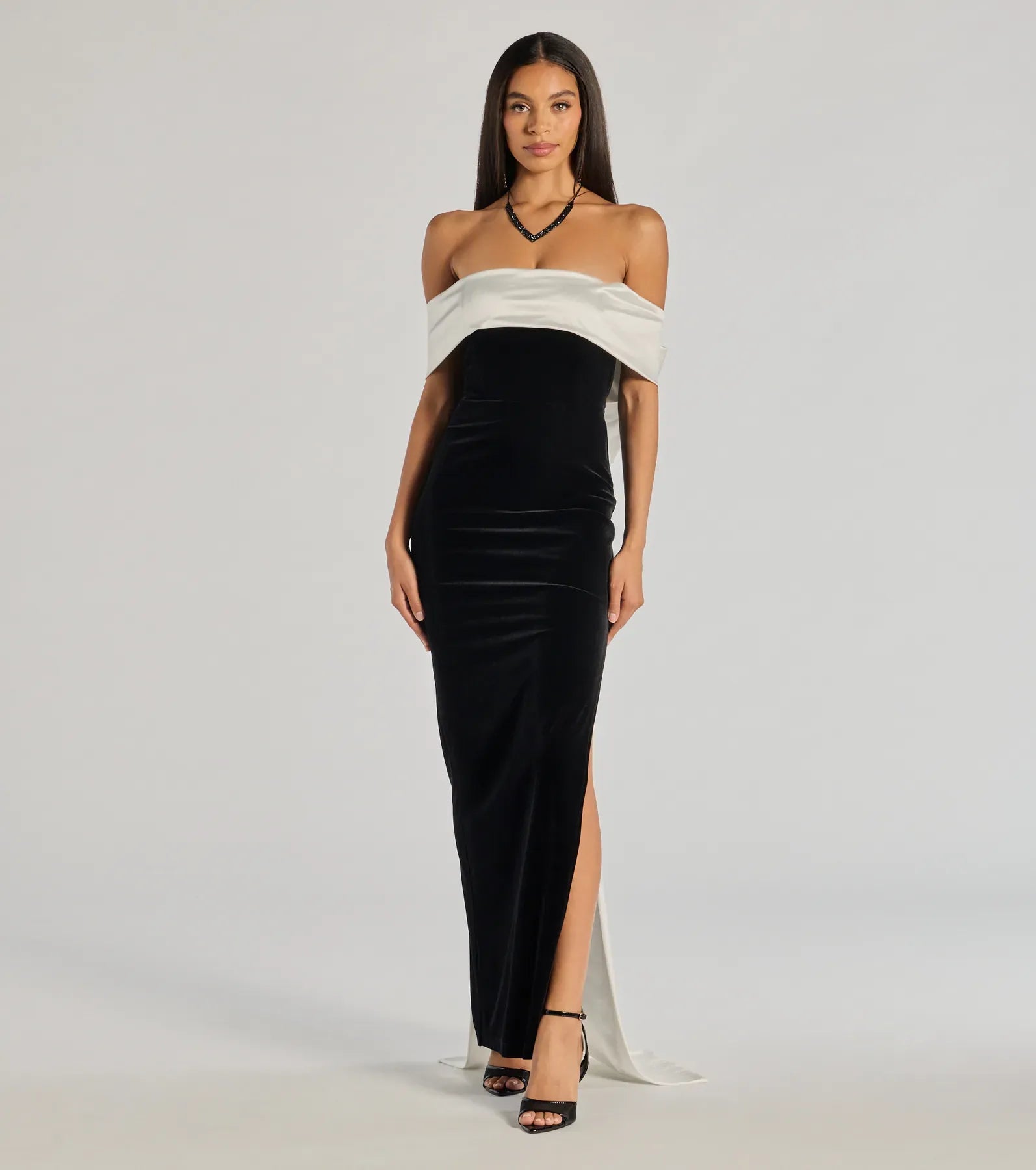 Off Shoulder White Satin Fold Collar Large Bow Back Black Velvet High Slit Mermaid Maxi Wedding Guest Dress